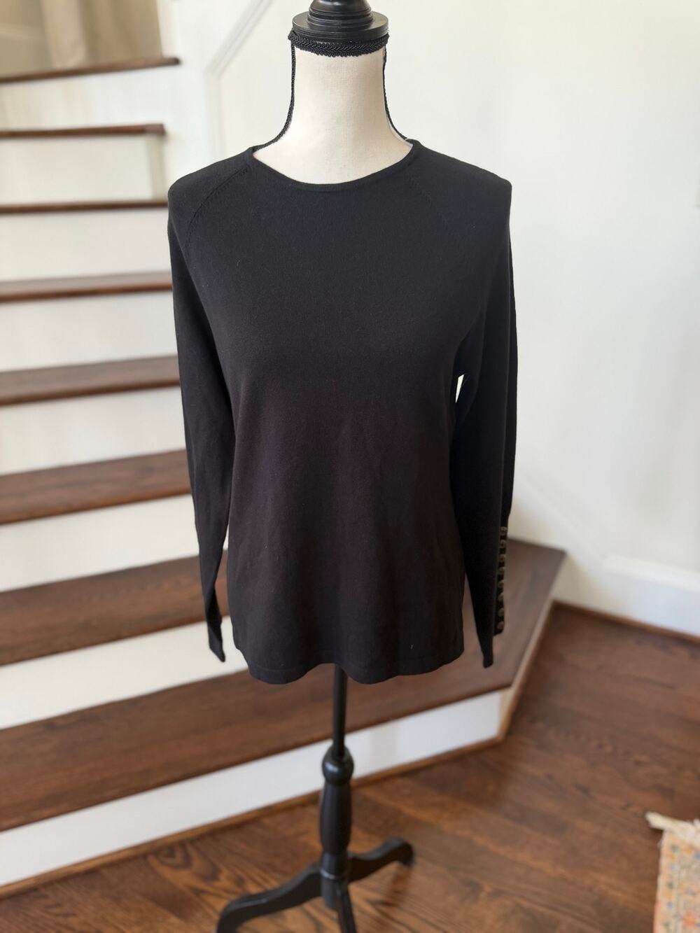 J. McLaughlin Black Knit Crewneck Long Sleeve Gold Button Sleeve Detail Sweater